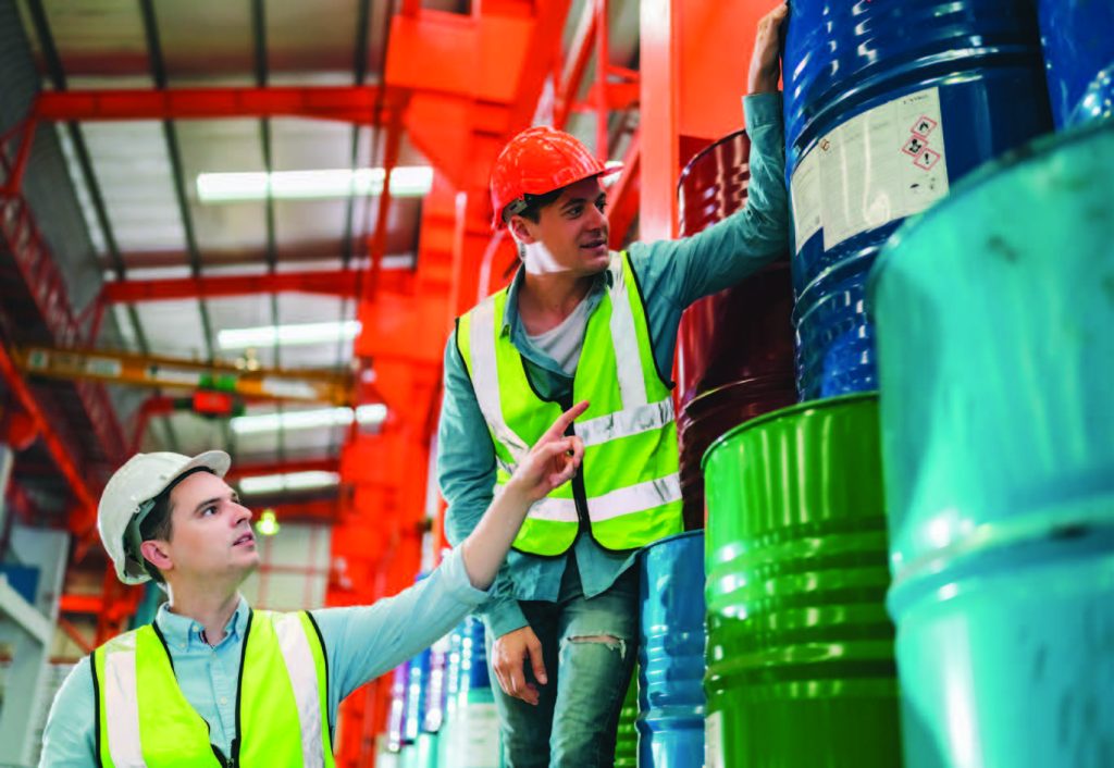 Chemical inventory stored on pallets in a warehouse facility