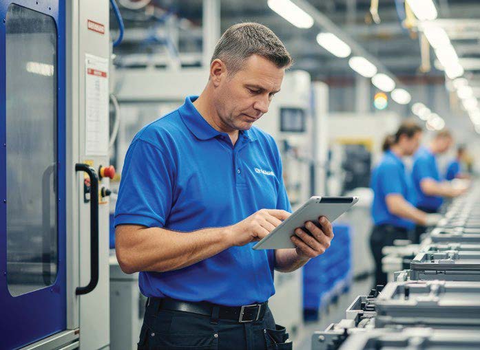 Operations manager reviewing ERP production data on a tablet in a manufacturing facility