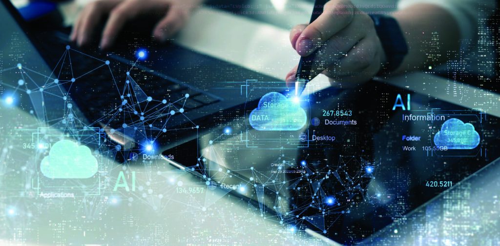 Person using a tablet with digital data and AI graphics overlay.
